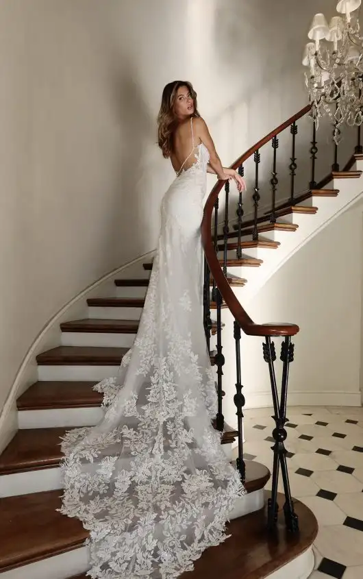 Sexy Lace and Crepe Spaghetti Strap Column Wedding Dress with Sweetheart Neckline, 1798, by Martina Liana