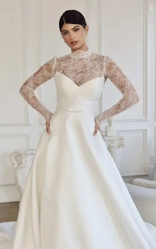 Modern A-Line Strapless Wedding Dress with Detachable Corded Lace Long Sleeve High Neck Topper, 1809, by Martina Liana