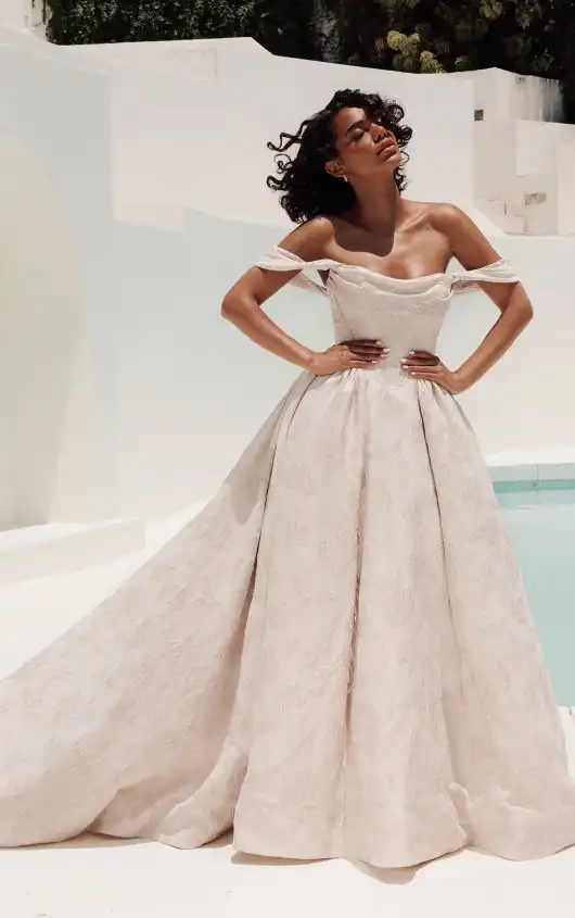 Modern Off-the-Shoulder Silk Ballgown Wedding Dress with Scoop Neckline, 1823, by Martina Liana