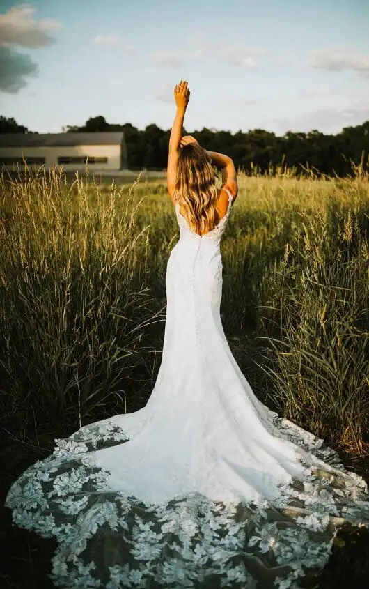 Sheath Wedding Dress with Lace Bodice and Full Train, 7457, by Stella York