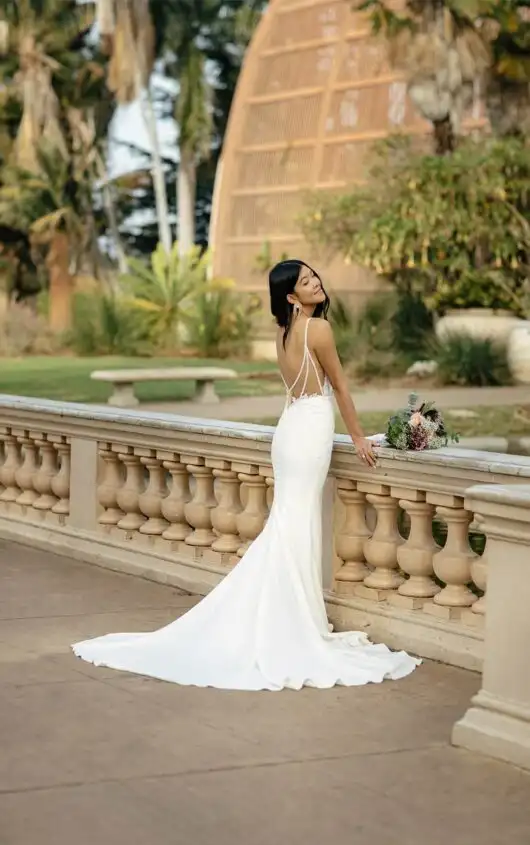Sleek Lace Column Wedding Dress with Beaded Back Detail, 7531, by Stella York