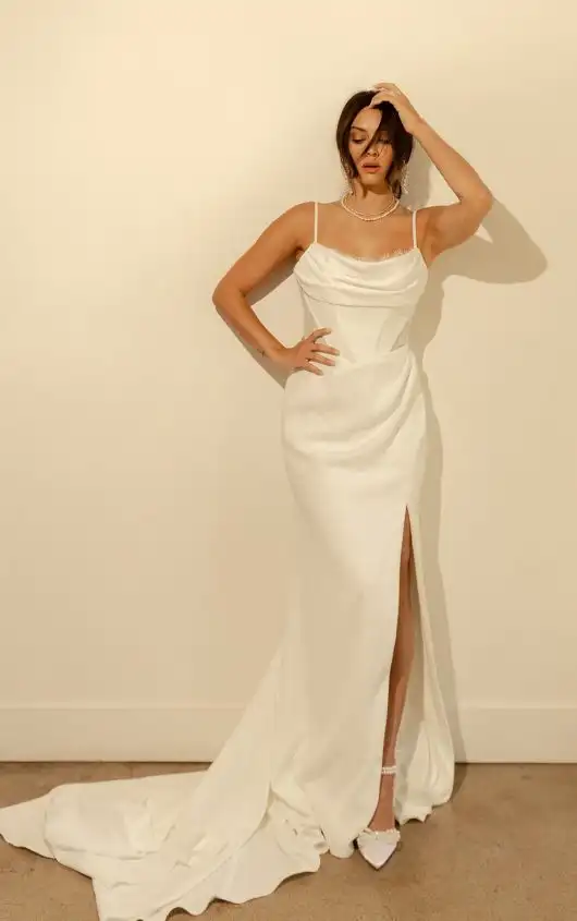 Sexy Crepe Column Wedding Dress with Lace Back and Spaghetti Straps, CARSON, by All Who Wander