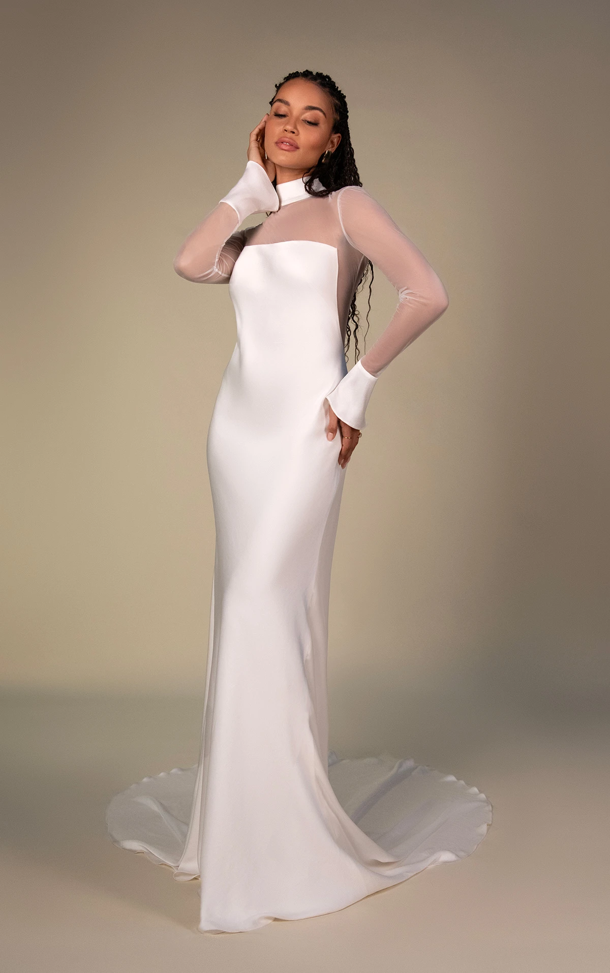 clay Crepe Column Wedding Dress with Illusion Sleeves and High Neckline by All Who Wander