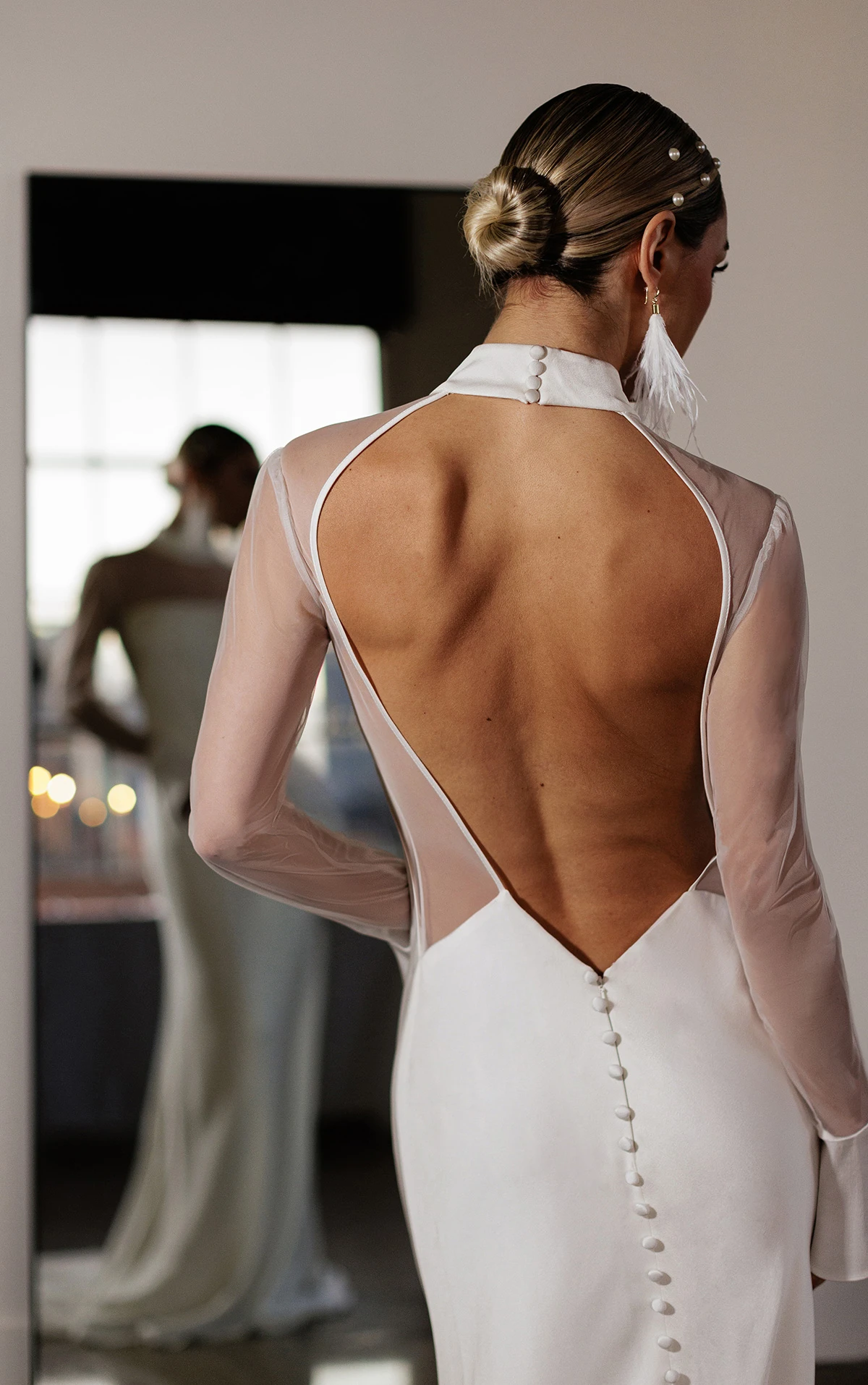 clay Crepe Column Wedding Dress with Illusion Sleeves and High Neckline by All Who Wander