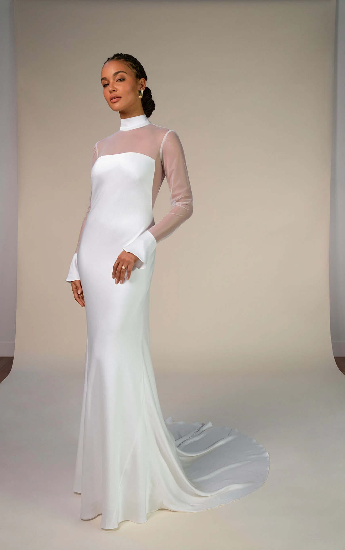 clay Crepe Column Wedding Dress with Illusion Sleeves and High Neckline by All Who Wander
