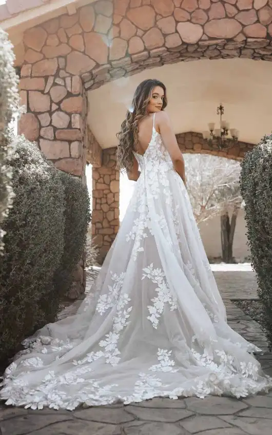 Timeless Spaghetti Strap A-Line Wedding Dress in Floral Lace and Tulle, D3771, by Essense of Australia