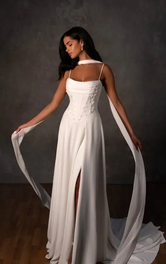 Modern A-Line Wedding Dress with Draped Neckline and High Skirt Slit, D4312, by Essense of Australia