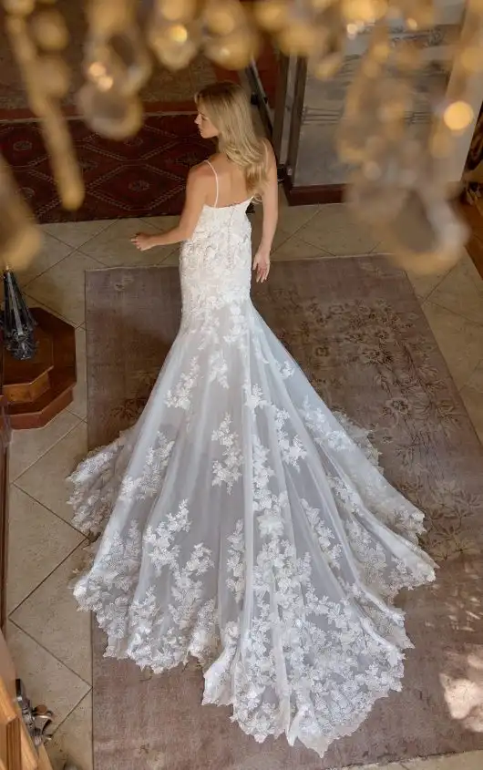 Lace Fit-and-Flare Wedding Dress with Beaded Spaghetti Straps, D4344, by Essense of Australia