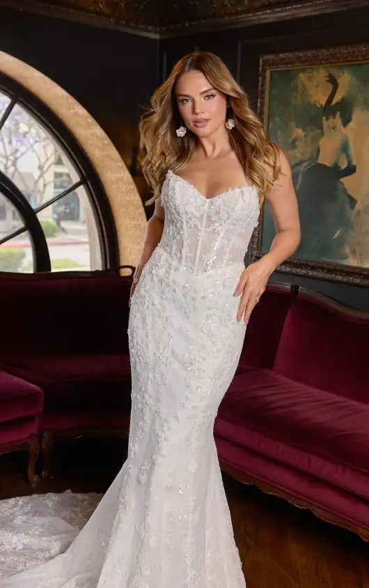 Strapless Beaded Lace Fit-and-Flare Wedding Dress with 3D Appliqués, D4368, by Essense of Australia