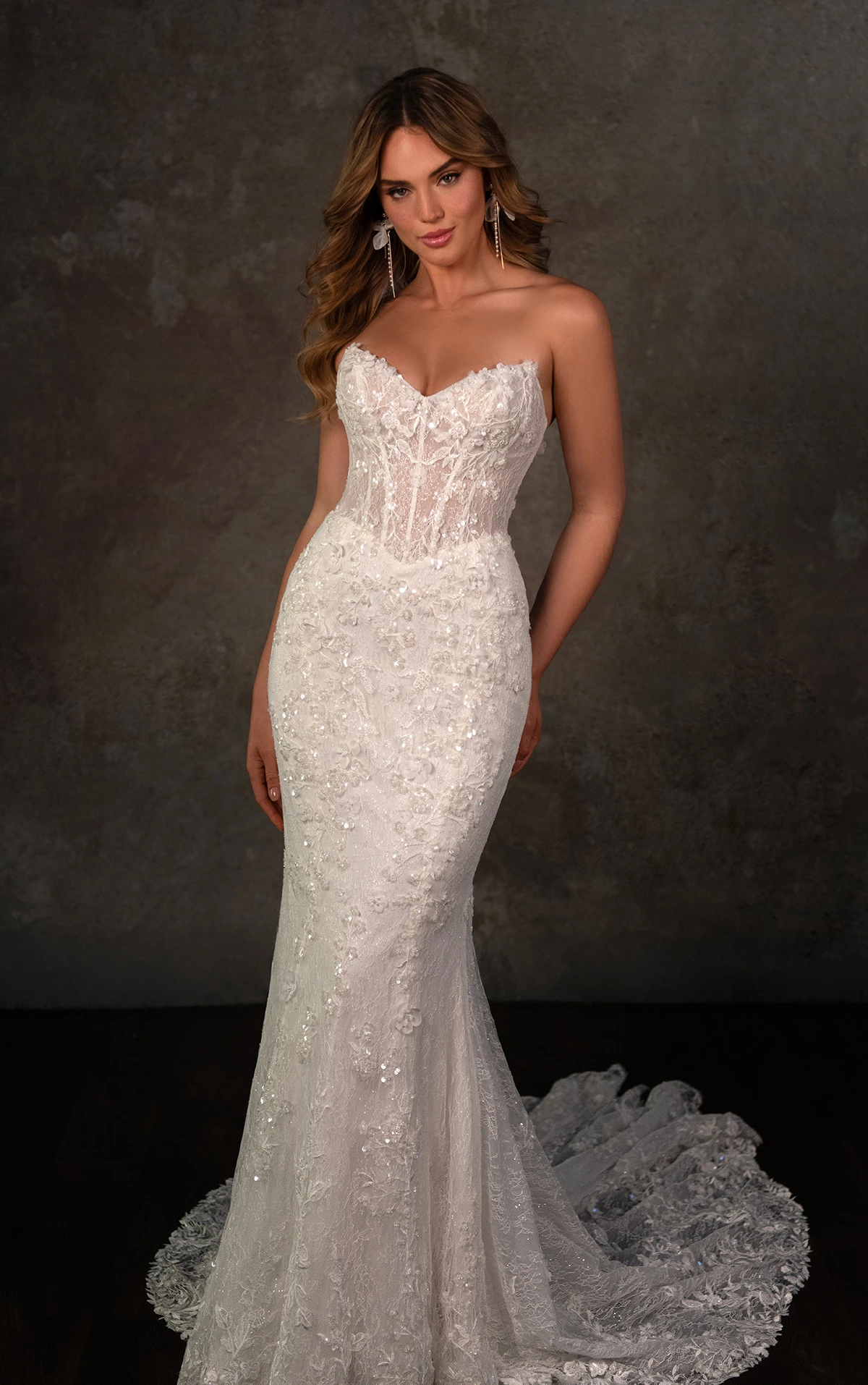 d4368 Strapless Beaded Lace Fit-and-Flare Wedding Dress with 3D Appliqués by Essense of Australia