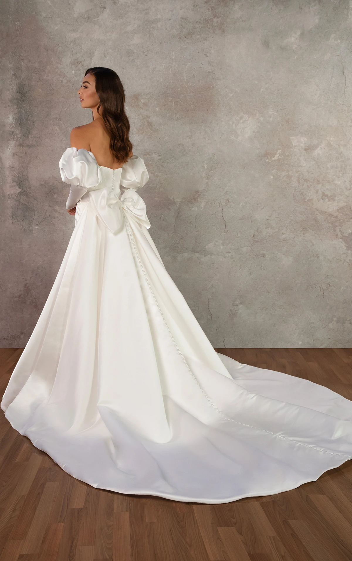 d4369 Strapless Grand Satin Fit-and-Flare Wedding Dress with Bow Back by Essense of Australia