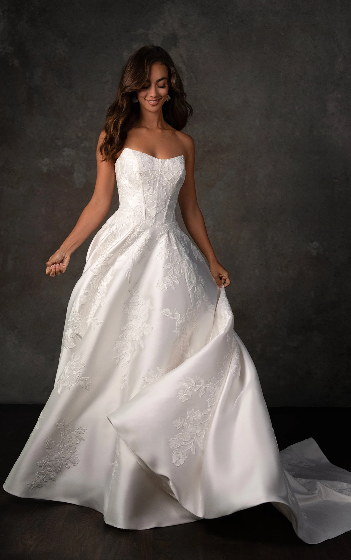 d4407 Strapless Mikado A-Line Wedding Dress with Floral Lace Appliqués by Essense of Australia