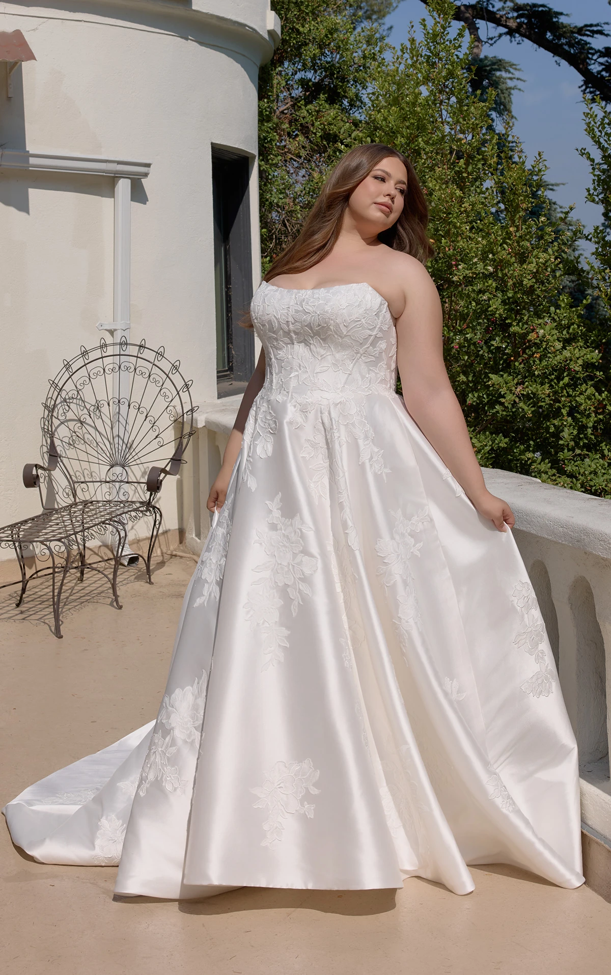 d4407 Strapless Mikado A-Line Wedding Dress with Floral Lace Appliqués by Essense of Australia