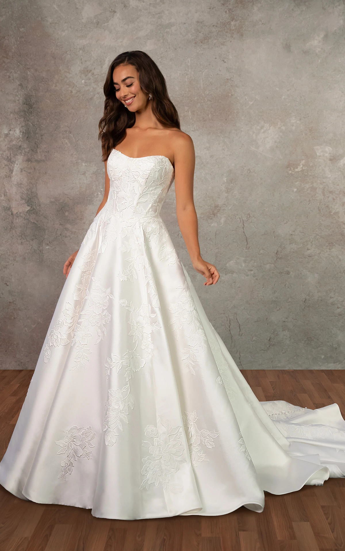 d4407 Strapless Mikado A-Line Wedding Dress with Floral Lace Appliqués by Essense of Australia