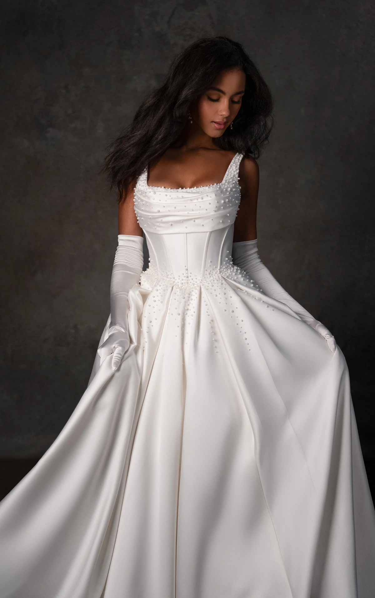 d4418 Mikado Ballgown with Draped Neckline and Cascading Pearl Detail by Essense of Australia