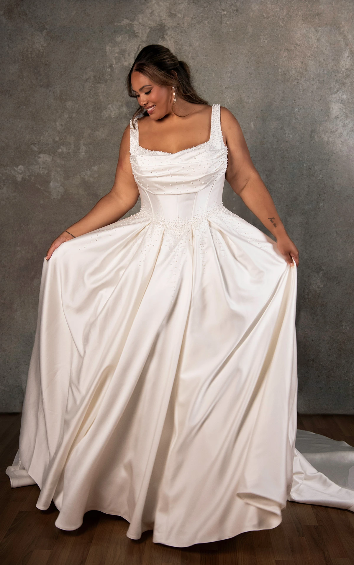 d4418 Mikado Ballgown with Draped Neckline and Cascading Pearl Detail by Essense of Australia