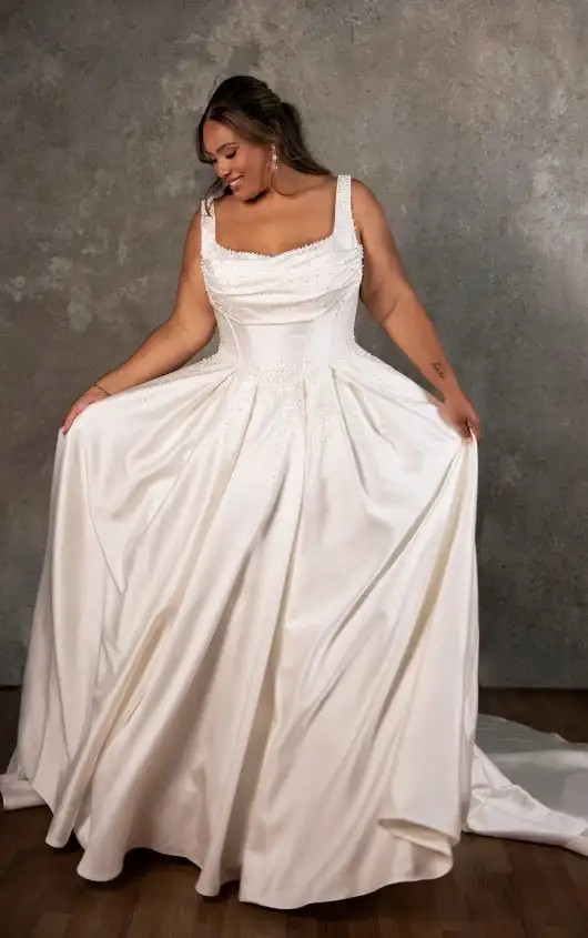 Mikado Plus Size Ballgown with Draped Neckline and Cascading Pearl Detail, D4418+, by Essense of Australia