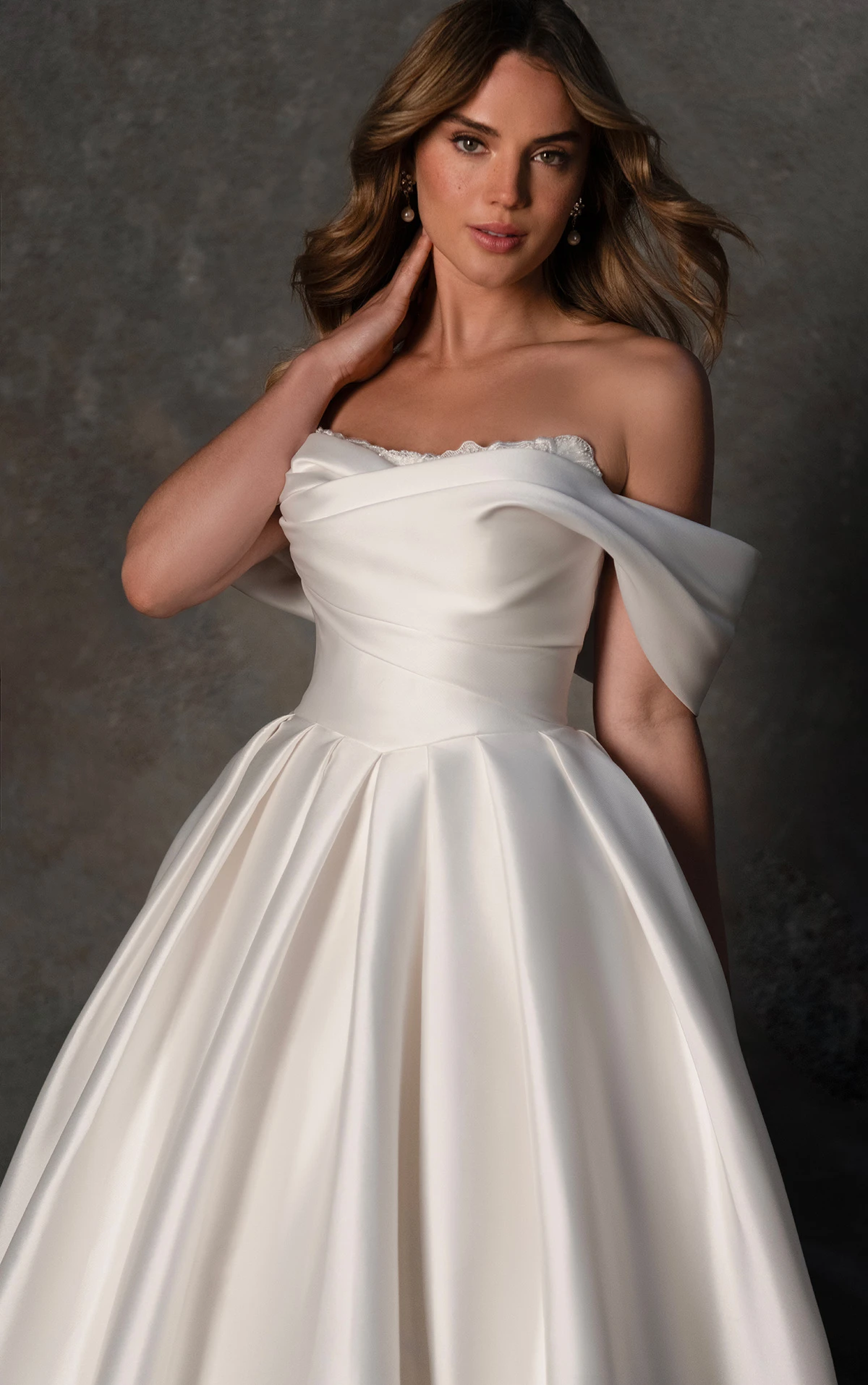 d4427 Off-the-Shoulder Mikado Ballgown with Draped Lace Bodice by Essense of Australia