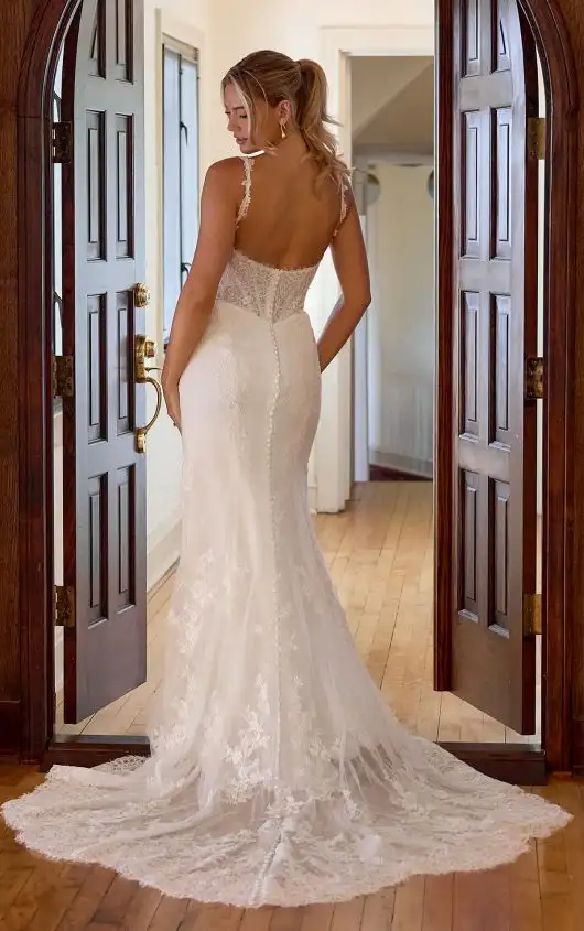 Fit-and-Flare Lace Wedding Dress with Scalloped Train and Basque Waist, D4437, by Essense of Australia