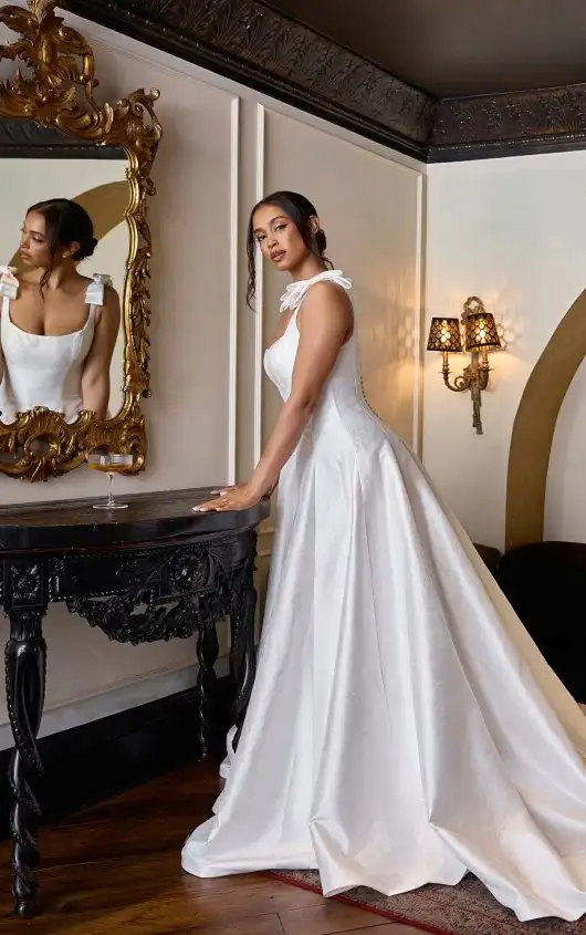 Satin Jacquard A-Line Wedding Dress with Shoulder Bows and Scoop Neckline, D4450, by Essense of Australia