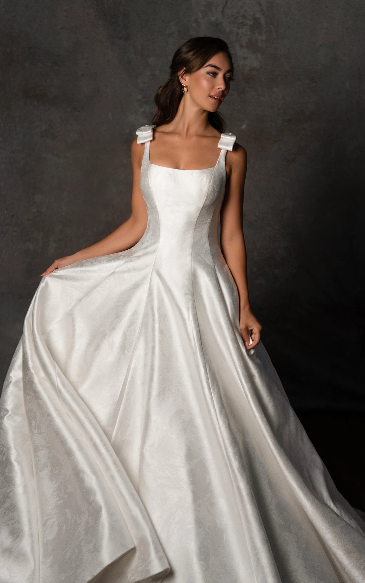 d4450 Satin Jacquard A-Line Wedding Dress with Shoulder Bows and Scoop Neckline by Essense of Australia