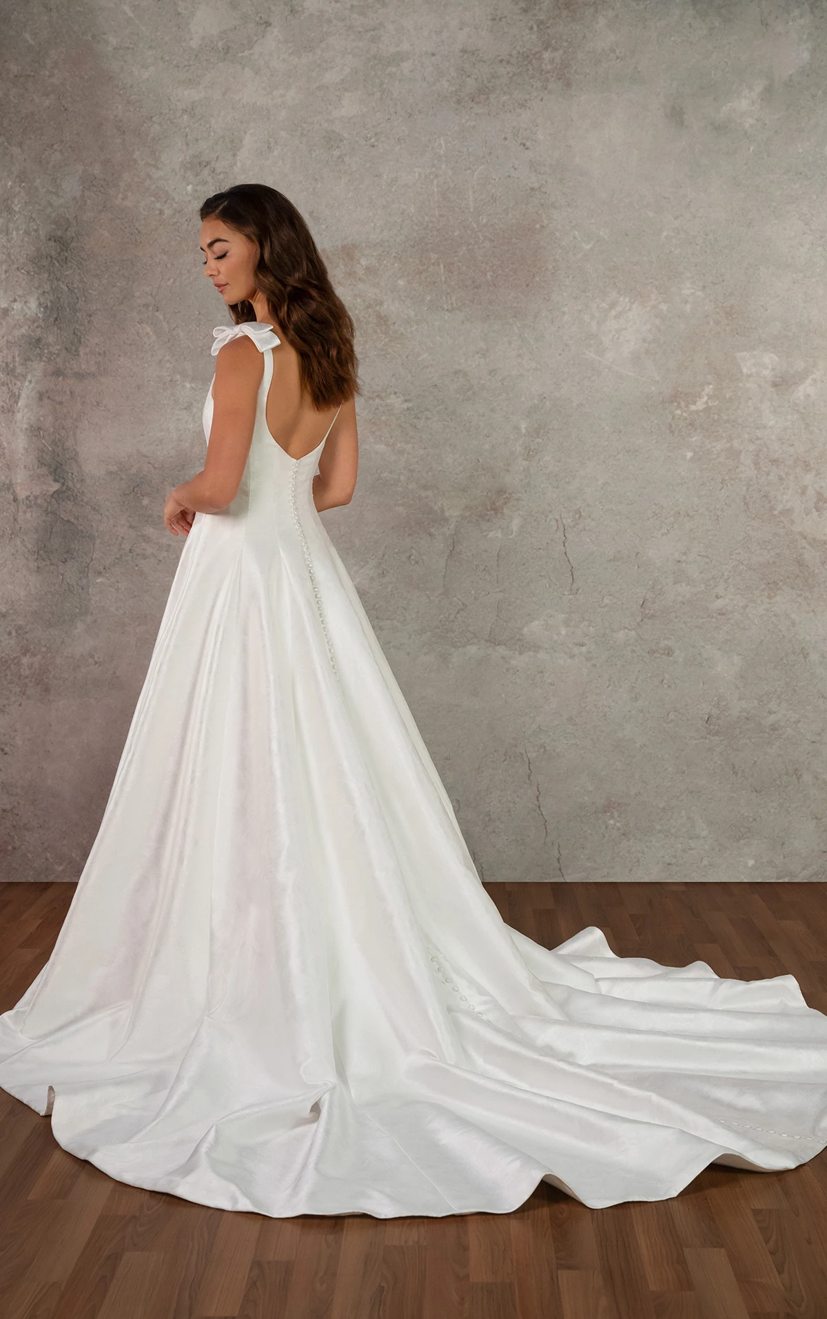 d4450 Satin Jacquard A-Line Wedding Dress with Shoulder Bows and Scoop Neckline by Essense of Australia