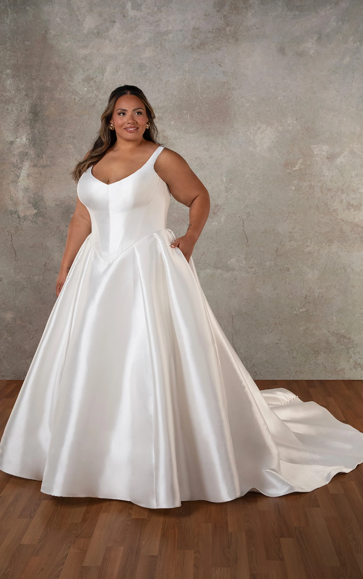 d4451+ Mikado PlusSize Ballgown with V-Neckline and Pleated Skirt by Essense of Australia
