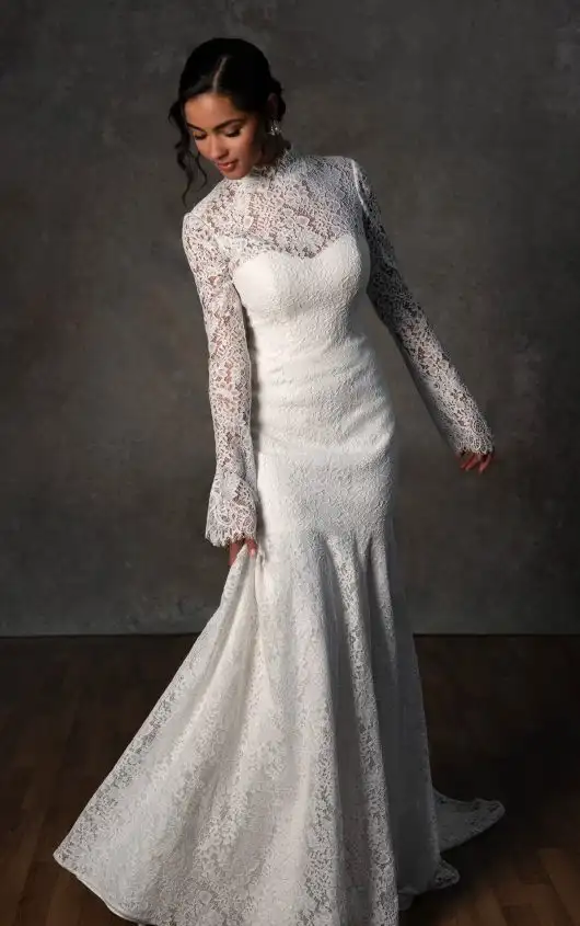Sheer Long Sleeve Lace Fit-and-Flare Gown with High Neck, D4455, by Essense of Australia