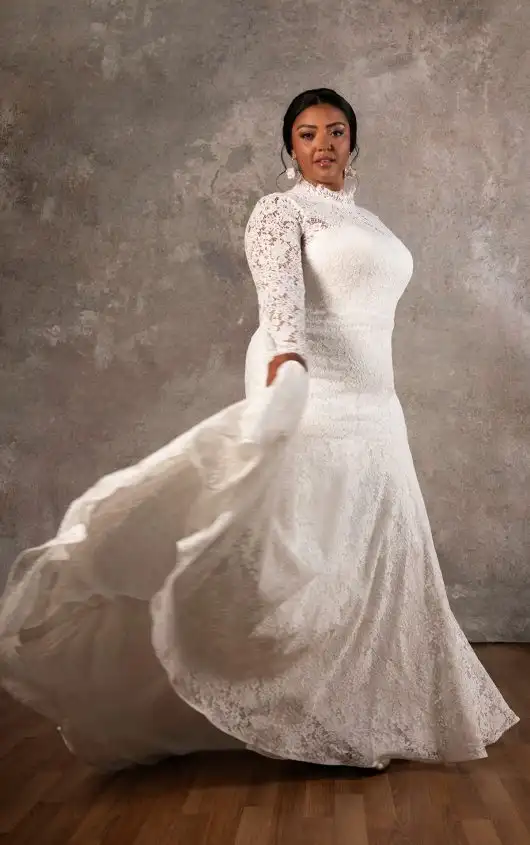 Sheer Long Sleeve Lace Plus Size Fit-and-Flare Gown with High Neck, D4455+, by Essense of Australia