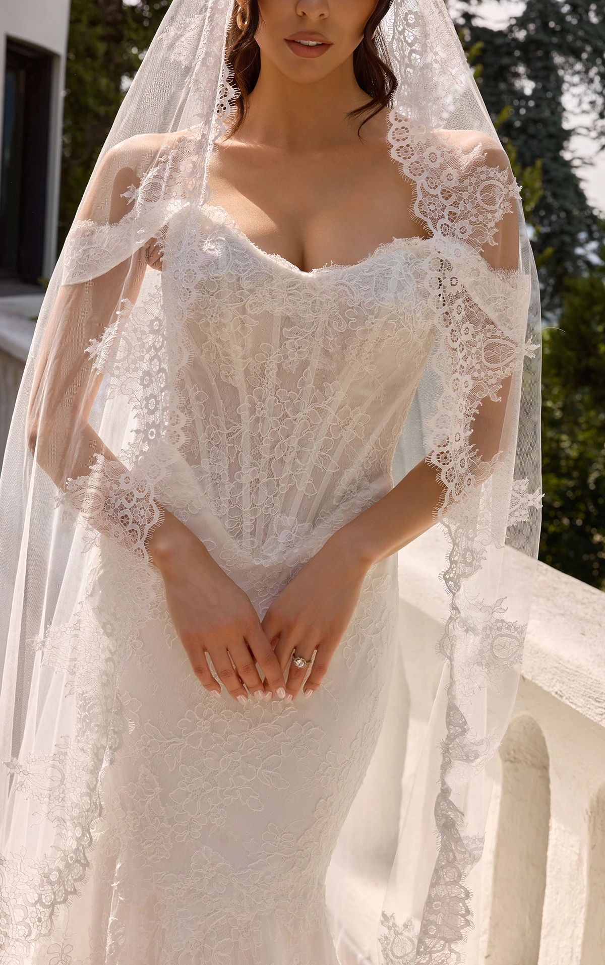 d4456 Fit-and-Flare Lace and Tulle Gown with Scalloped Neckline and V-Neck by Essense of Australia