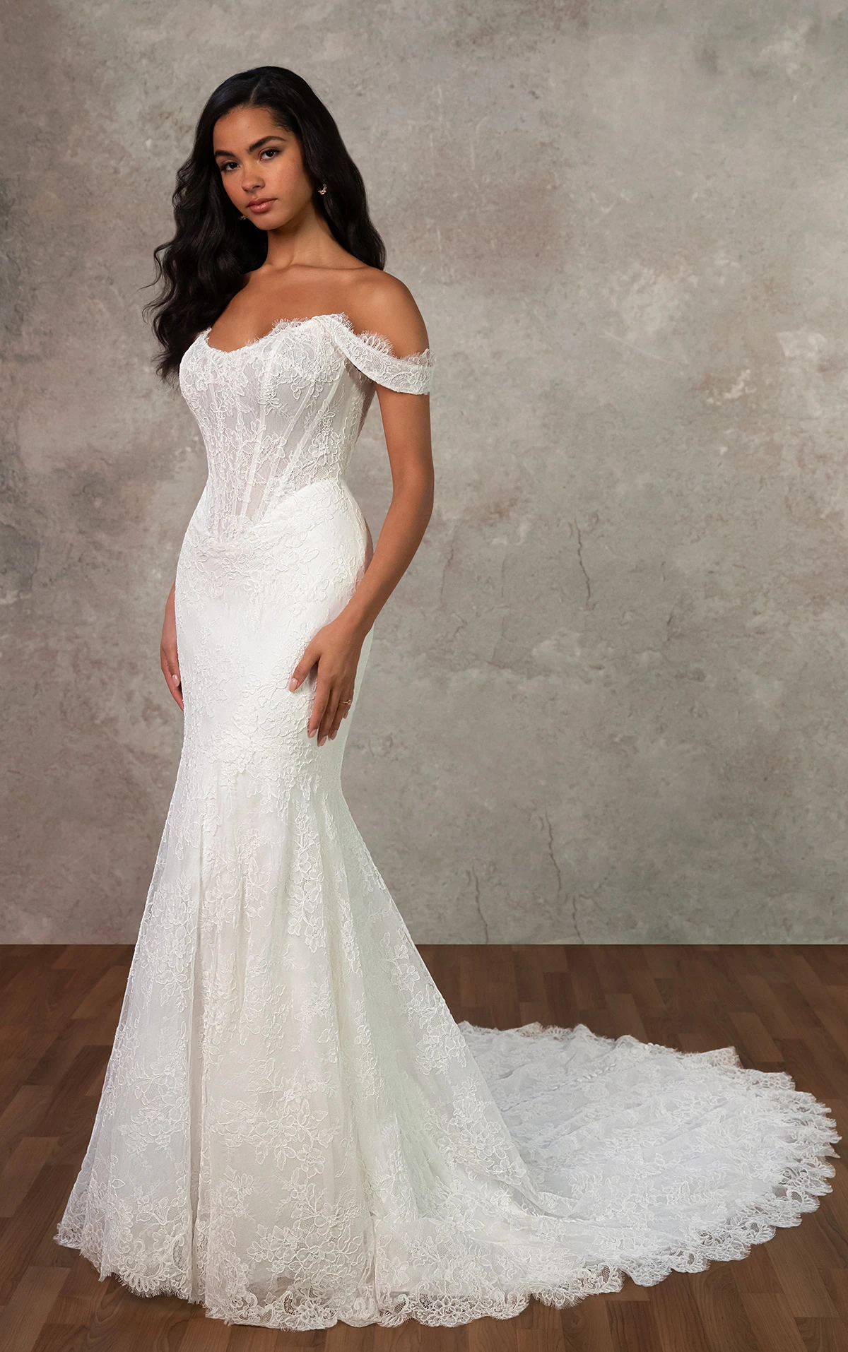 d4456 Fit-and-Flare Lace and Tulle Gown with Scalloped Neckline and V-Neck by Essense of Australia