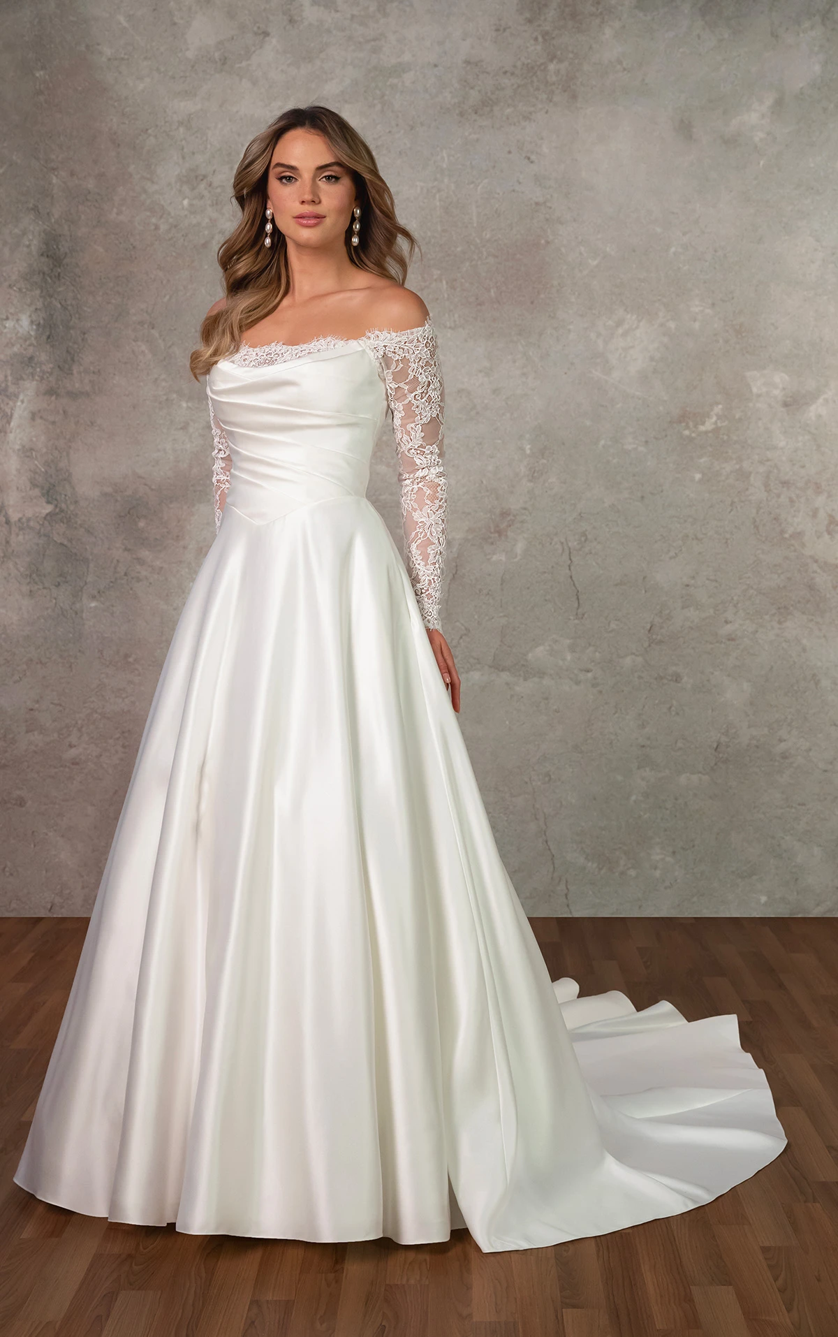 d4457 Layered Lace and Satin A-Line Gown with Wrapped Bodice by Essense of Australia