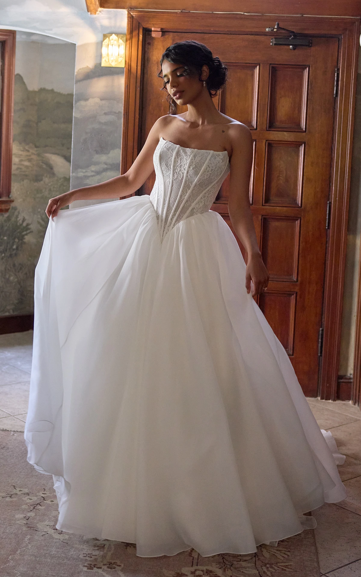 d4458 Strapless Lace Ballgown with Basque Waist and Organza Skirt by Essense of Australia