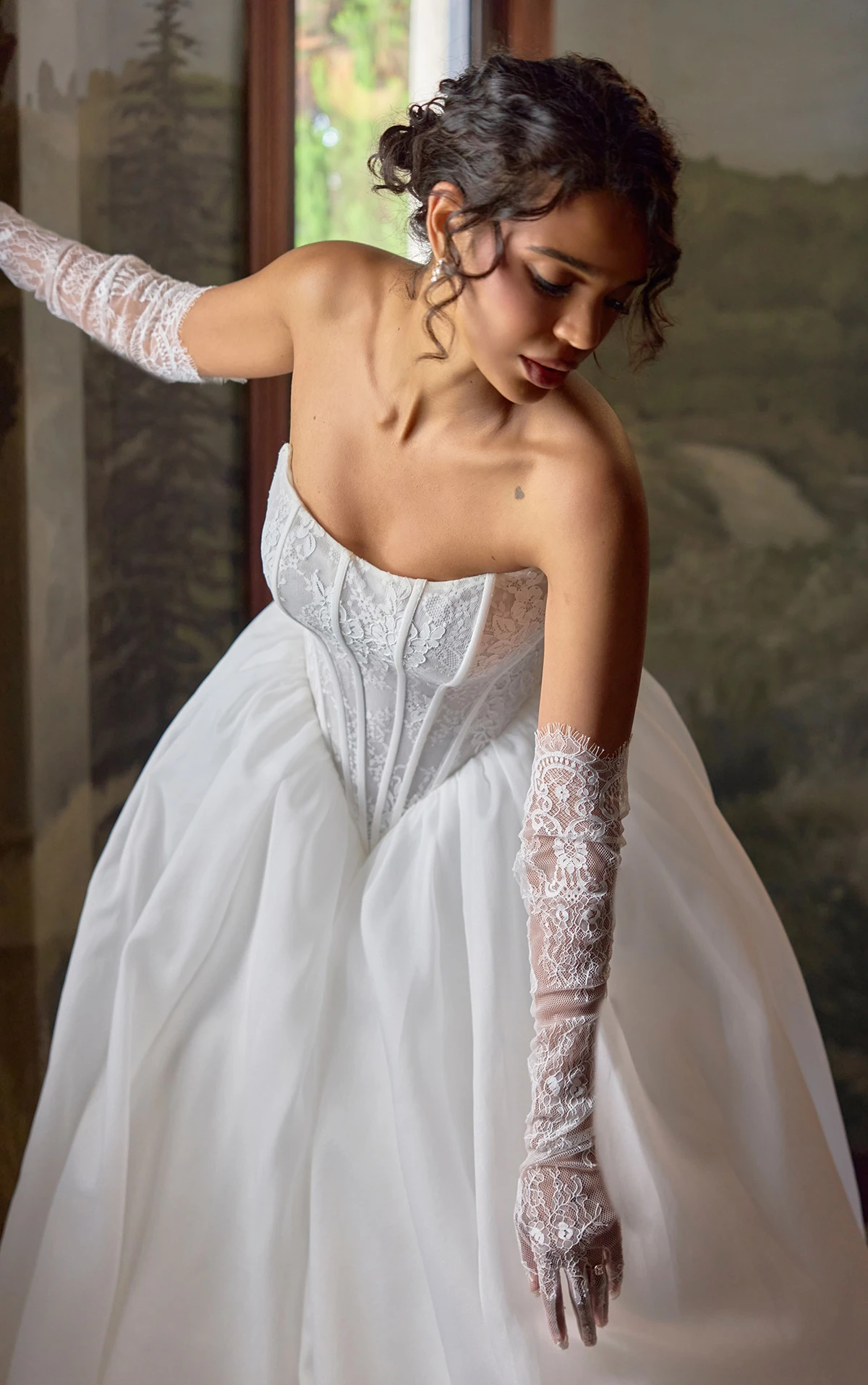 d4458 Strapless Lace Ballgown with Basque Waist and Organza Skirt by Essense of Australia