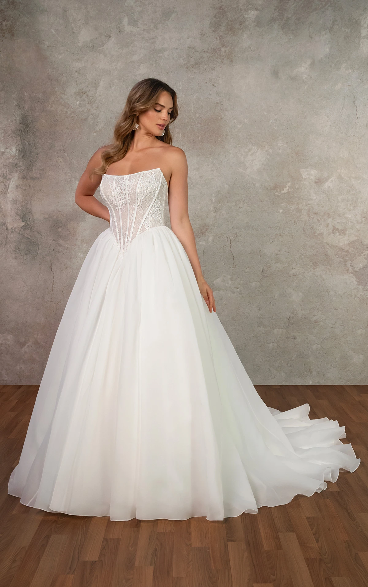 d4458 Strapless Lace Ballgown with Basque Waist and Organza Skirt by Essense of Australia