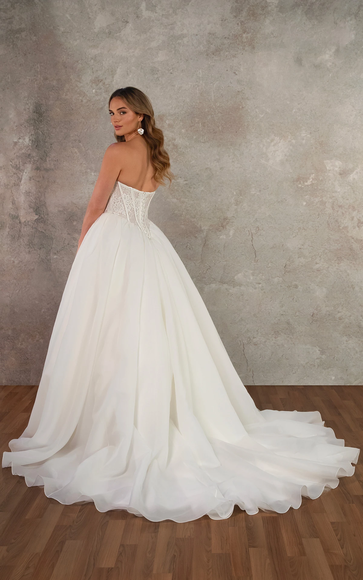 d4458 Strapless Lace Ballgown with Basque Waist and Organza Skirt by Essense of Australia