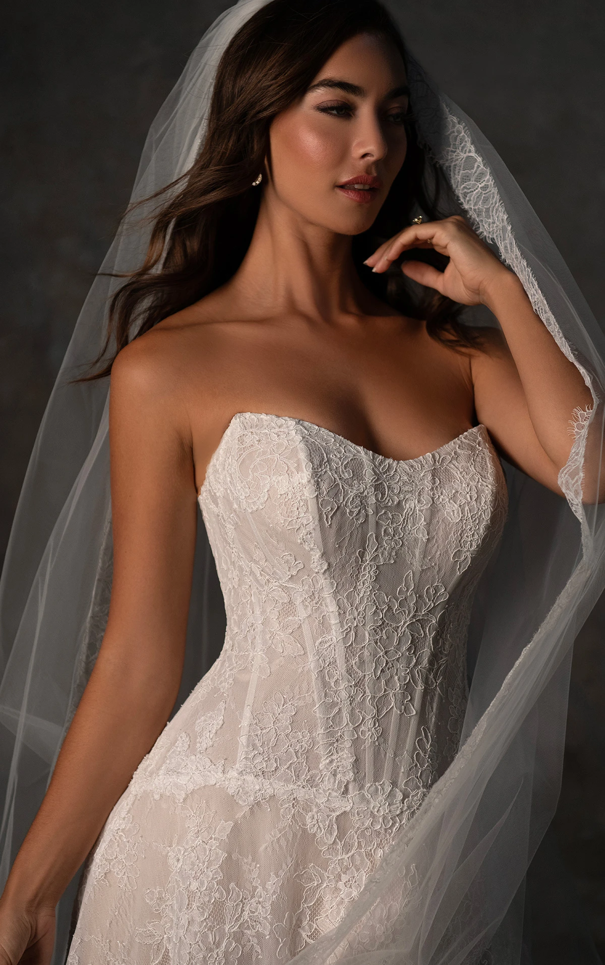 d4462 Strapless Chantilly Lace A-Line Gown with Drop Waist and Corset Bodice by Essense of Australia