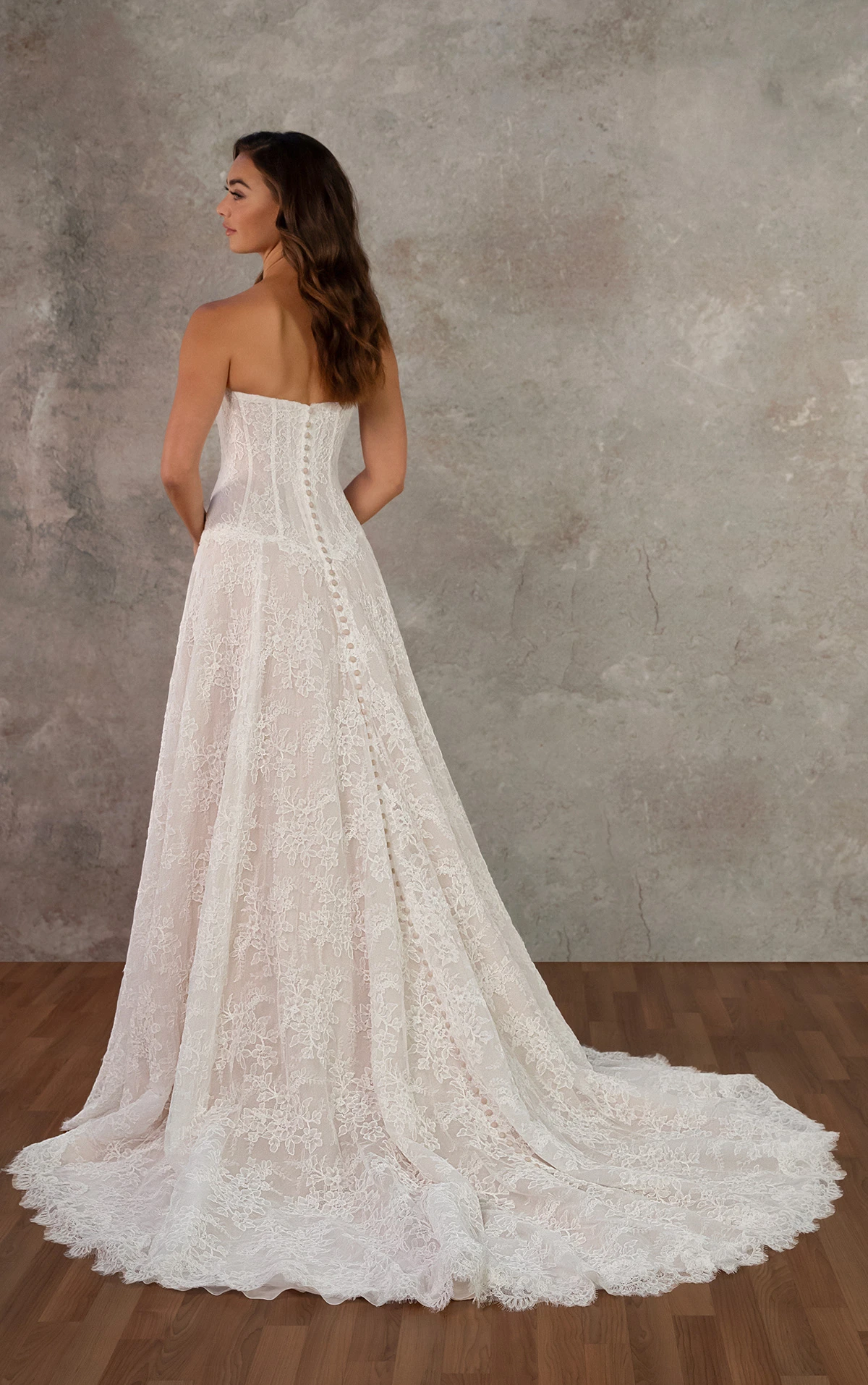 d4462 Strapless Chantilly Lace A-Line Gown with Drop Waist and Corset Bodice by Essense of Australia