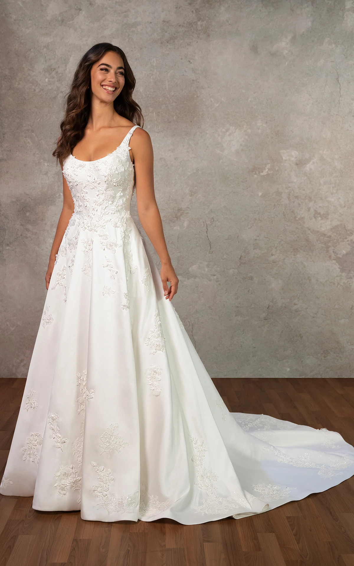 d4471 Scoop Neck Satin A-Line Wedding Dress with 3D Floral Lace Appliqués by Essense of Australia