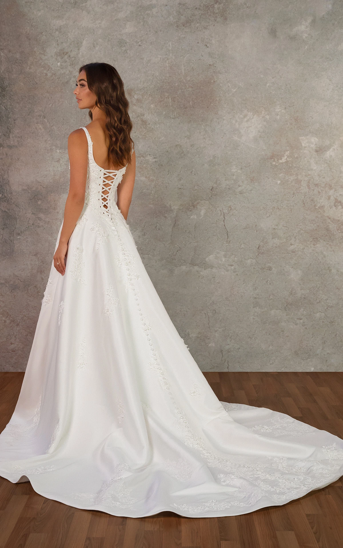 d4471 Scoop Neck Satin A-Line Wedding Dress with 3D Floral Lace Appliqués by Essense of Australia