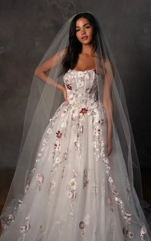 Strapless Glitter Tulle A-Line Wedding Dress with Colored Embroidered Lace, D4482, by Essense of Australia