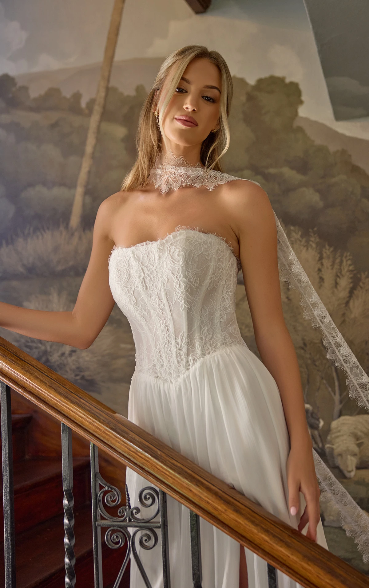 d4483 Two-Piece Lace and Chiffon A-Line Gown with Strapless Bodice by Essense of Australia