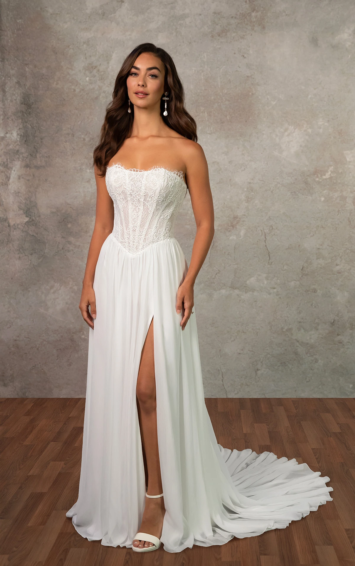 d4483 Two-Piece Lace and Chiffon A-Line Gown with Strapless Bodice by Essense of Australia