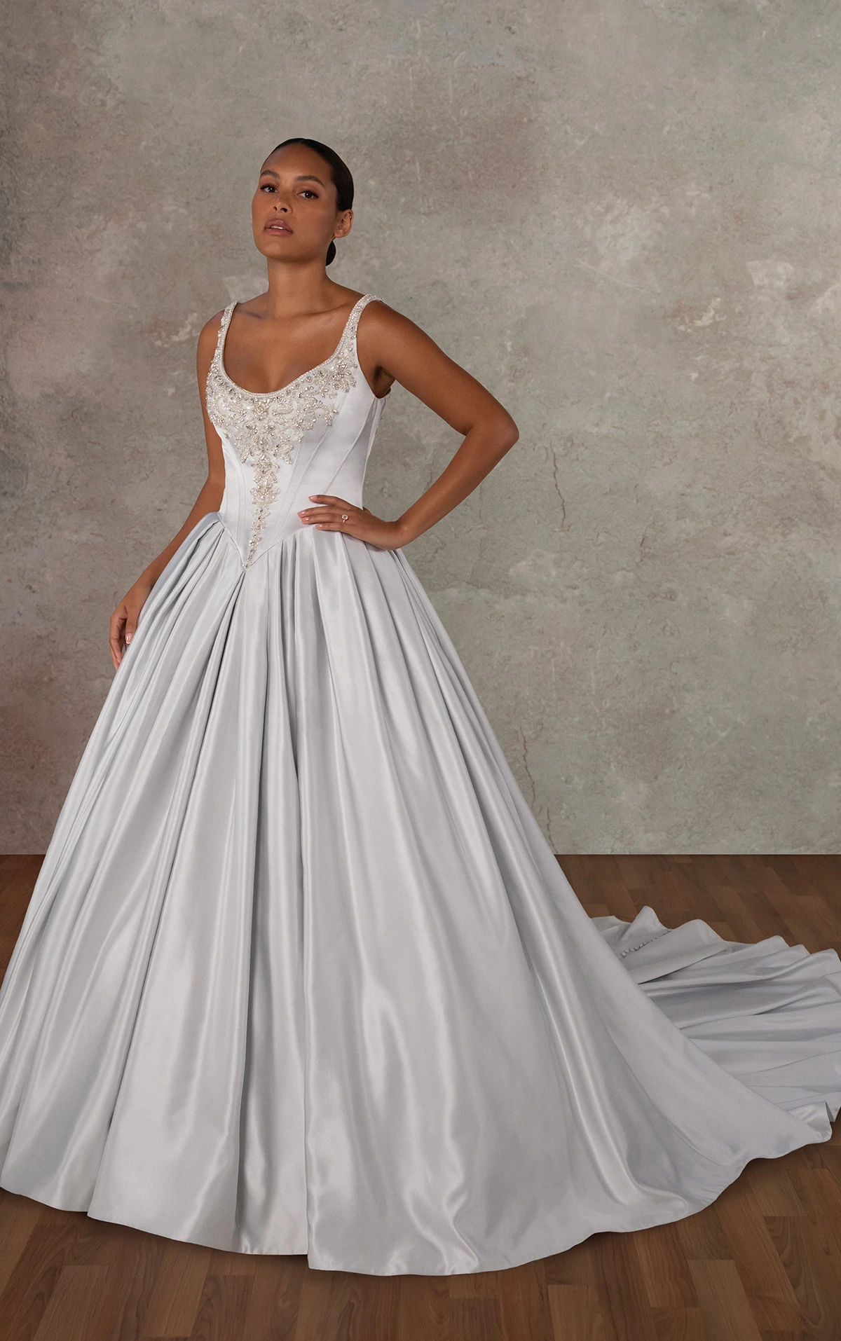 d4485 Satin Ballgown with Silver Embellished Bodice and Basque Waist by Essense of Australia
