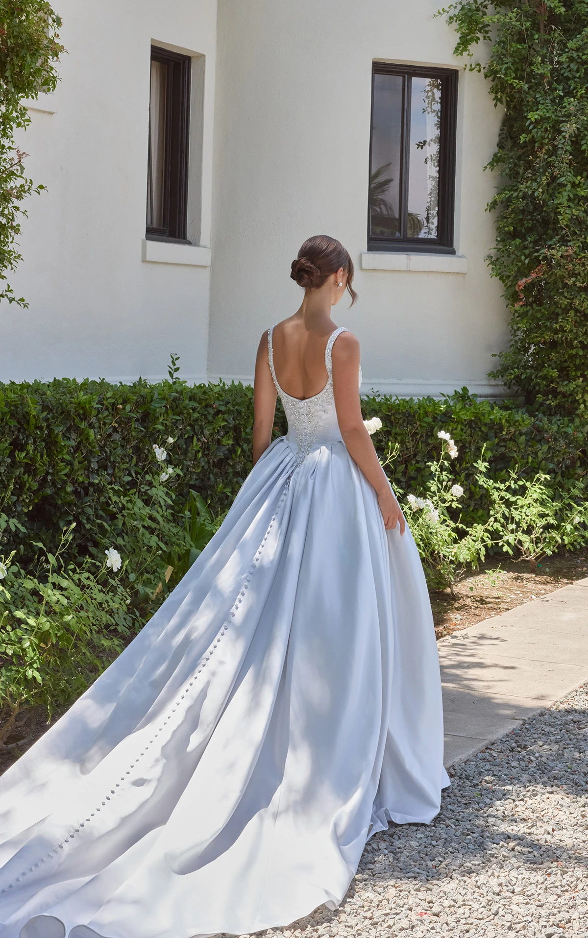 d4485 Satin Ballgown with Silver Embellished Bodice and Basque Waist by Essense of Australia