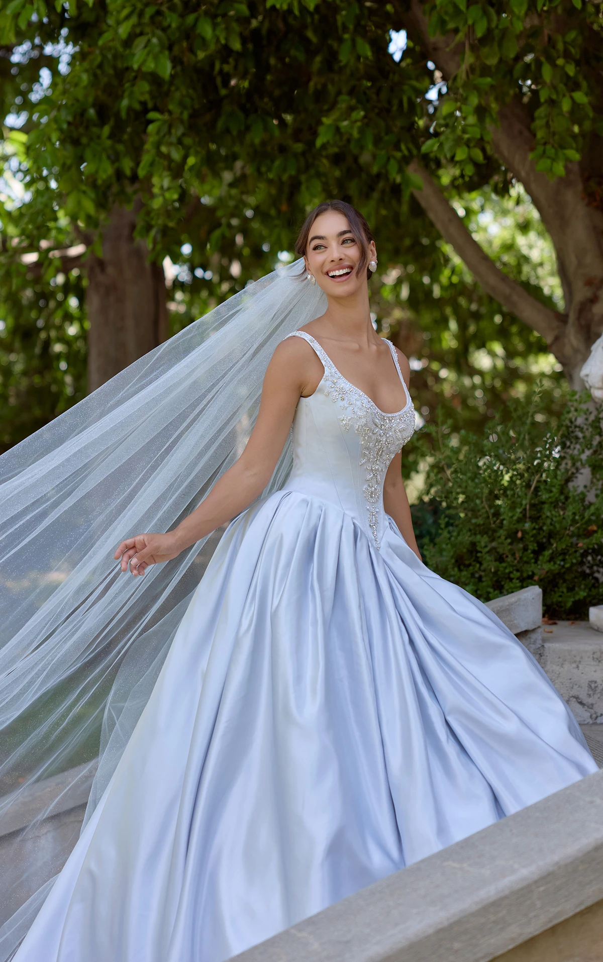 d4485 Satin Ballgown with Silver Embellished Bodice and Basque Waist by Essense of Australia
