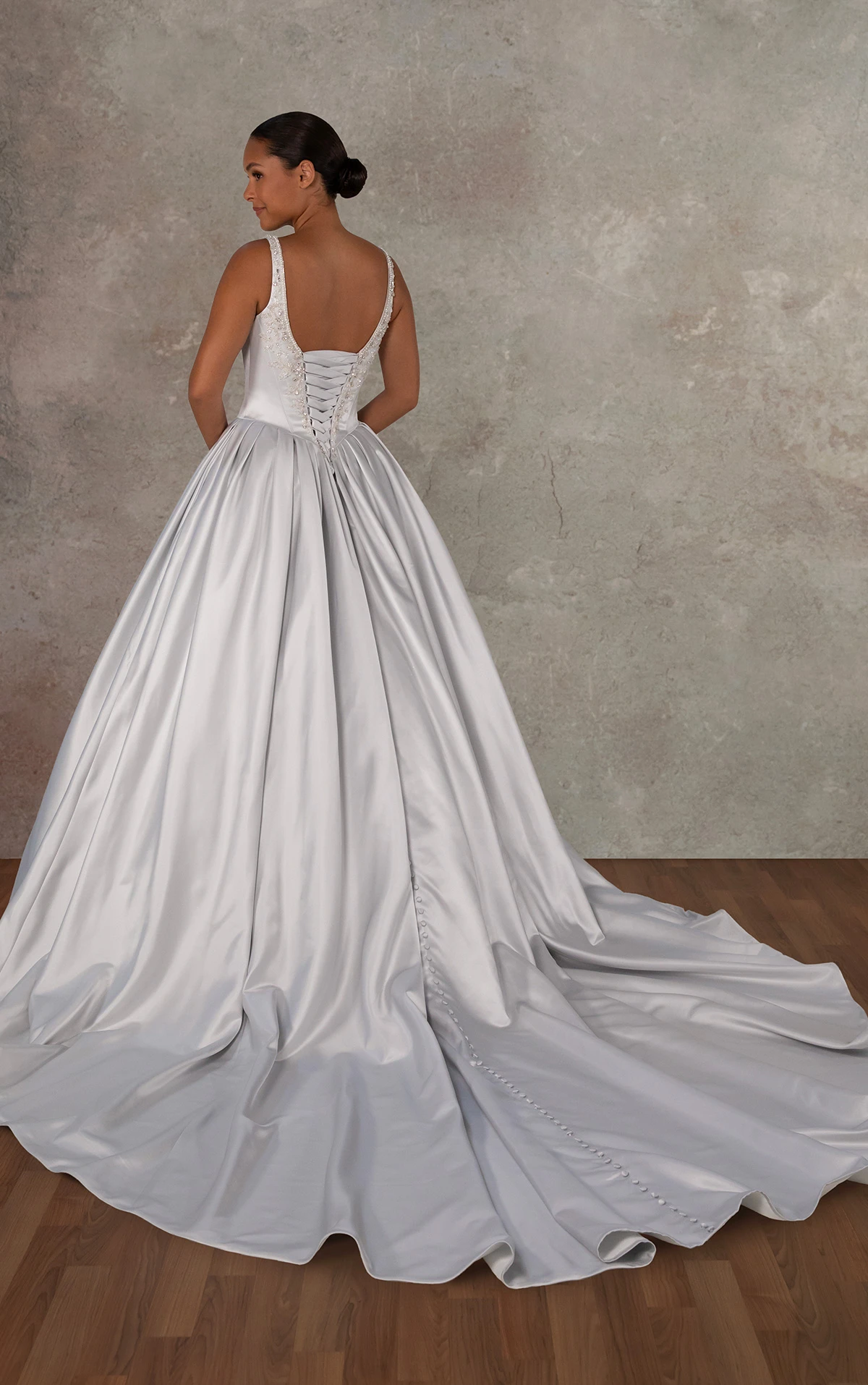 d4485 Satin Ballgown with Silver Embellished Bodice and Basque Waist by Essense of Australia