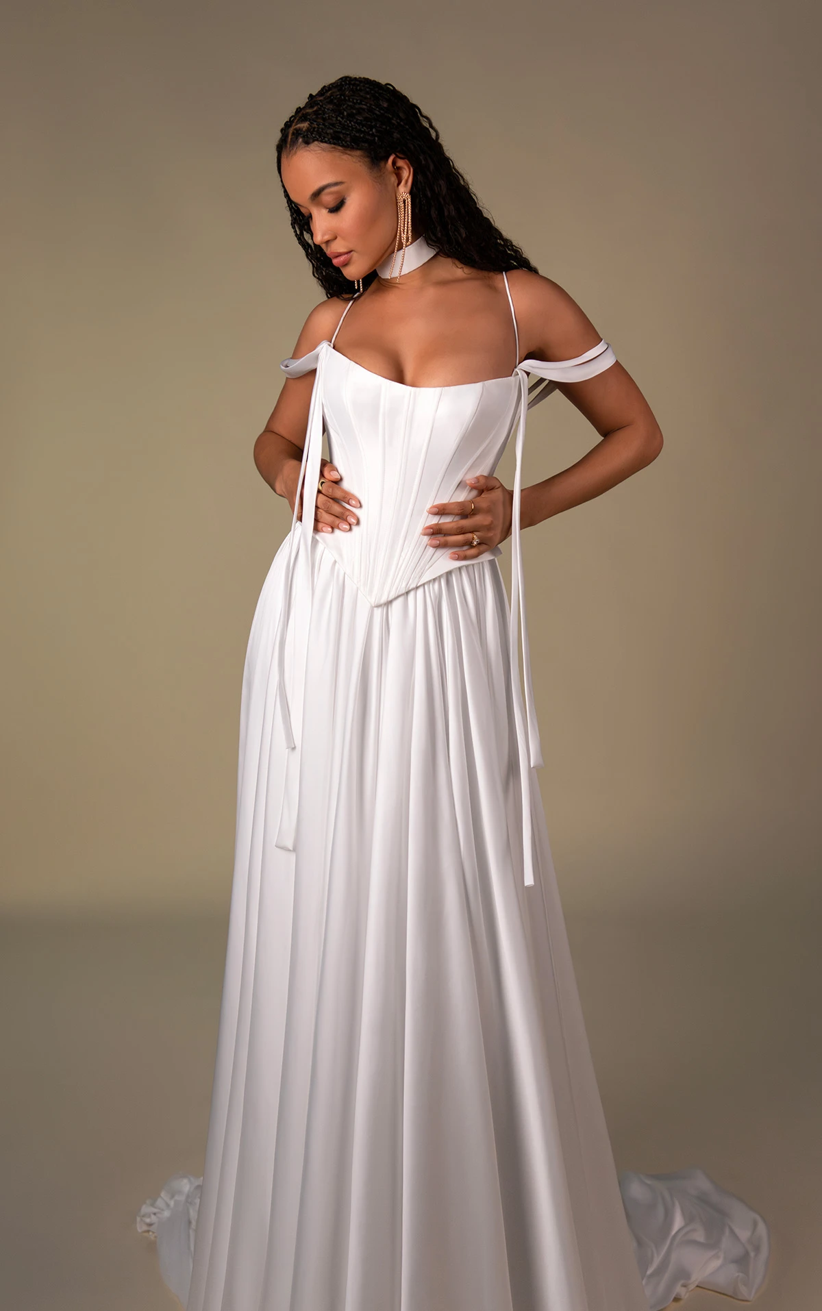 dilara Satin Chiffon Wedding Dress with Peplum Waist and Removable Draped Straps by All Who Wander