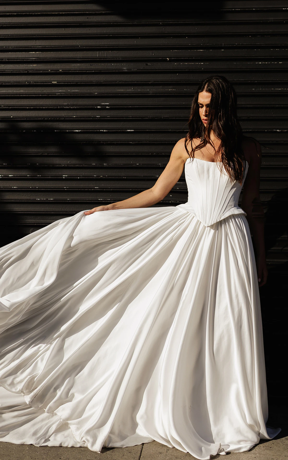 dilara Satin Chiffon Wedding Dress with Peplum Waist and Removable Draped Straps by All Who Wander
