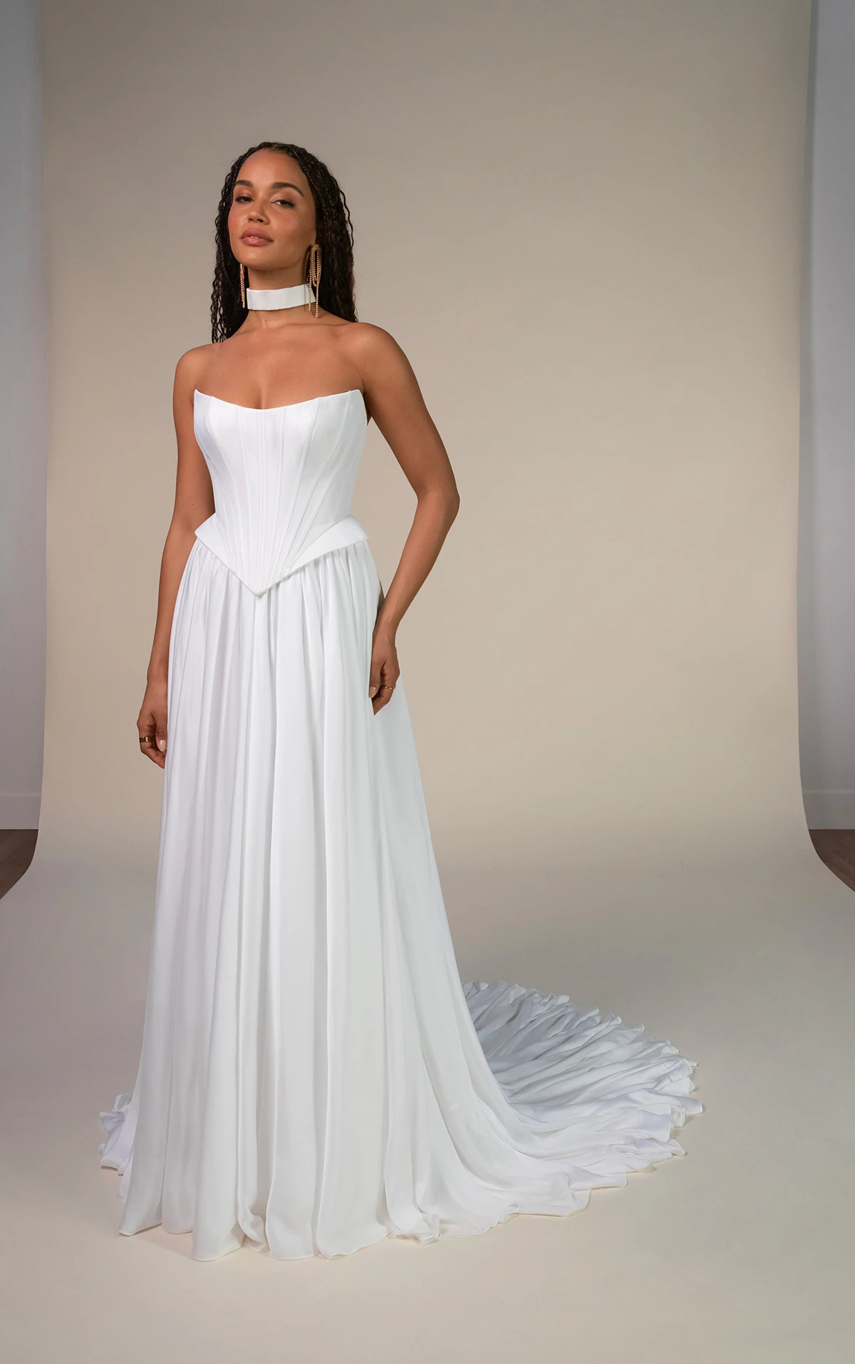 dilara Satin Chiffon Wedding Dress with Peplum Waist and Removable Draped Straps by All Who Wander